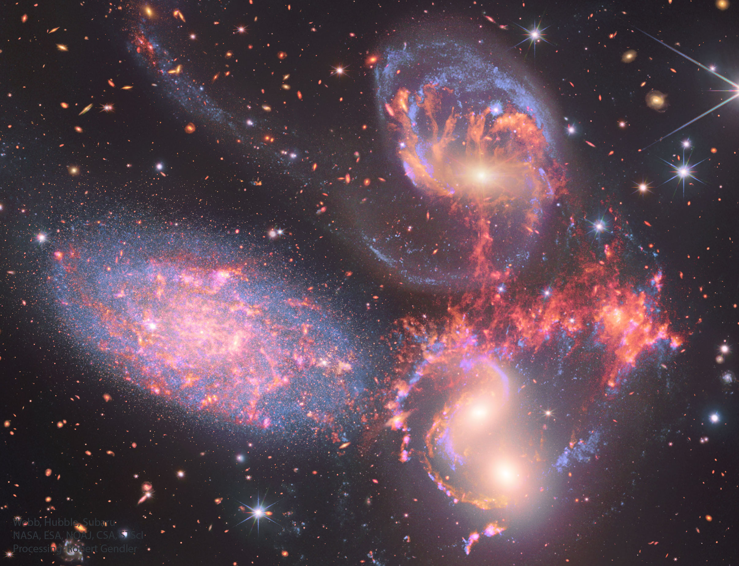 APOD: 2022 July 18 – Stephans Quintet from Webb, Hubble, and Subaru