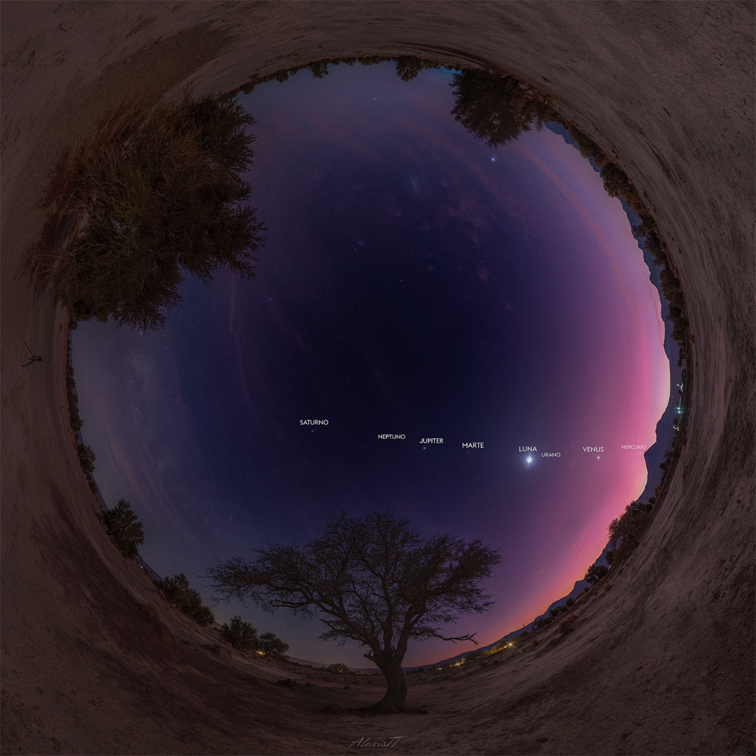 The featured image is a circular, fisheye, all-sky image showing every planet in the Solar System lined up horizontally along the image center, along with Earth's Moon. Trees and hills from the Atacama Desert link populate the outer circle edge. Please see the explanation for more detailed information.