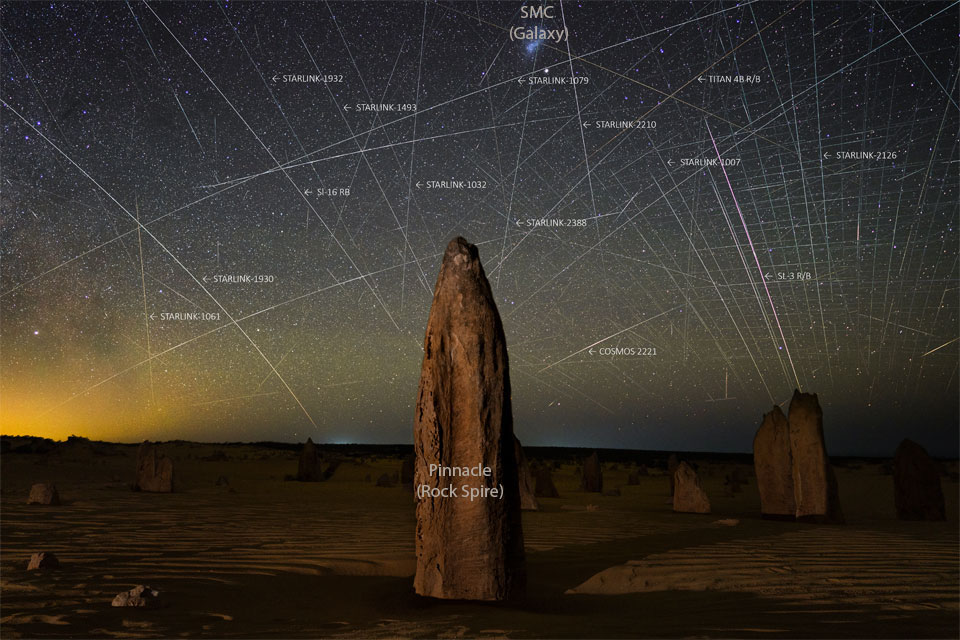 The featured image shows the rock spires known as Pinnacles that occur in Australia. Behind the spires is a sky filled with satellite trails, including many from the Starlink constellation of low-Earth orbit satellites. Please see the explanation for more detailed information.