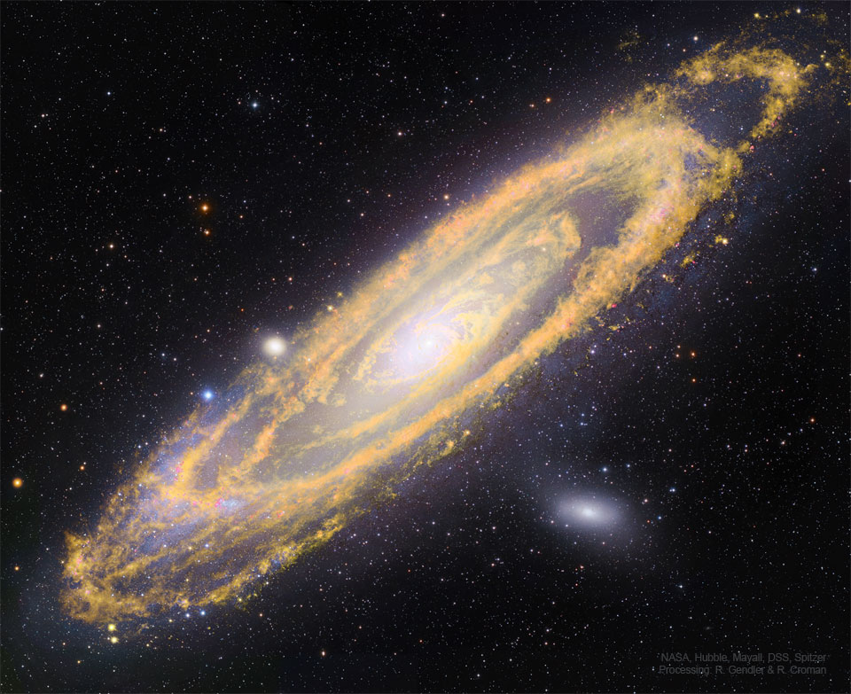 The featured image shows M31, the Andromeda Galaxy, in both infrared light, colored orange, and visible light, colored white and blue. Please see the explanation for more detailed information.