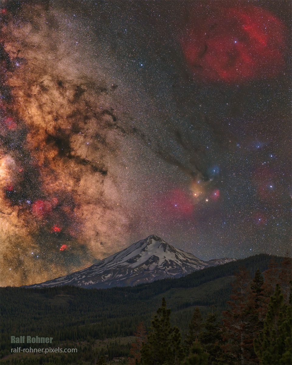 The featured image shows a snow-covered mountain with the Milky Way Galaxy seen in the background on the left and the color starfield of the constellation Ophiochus seen in the background on the right. Please see the explanation for more detailed information.