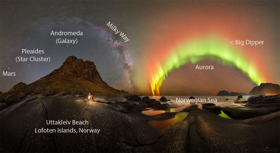 A night sky filled with stars is shown behind a picturesque foreground. The foreground contains rounded rocks and a person before a distant sea. The background contains bands of the Milky Way and bright aurora. Please see the explanation for more detailed information.