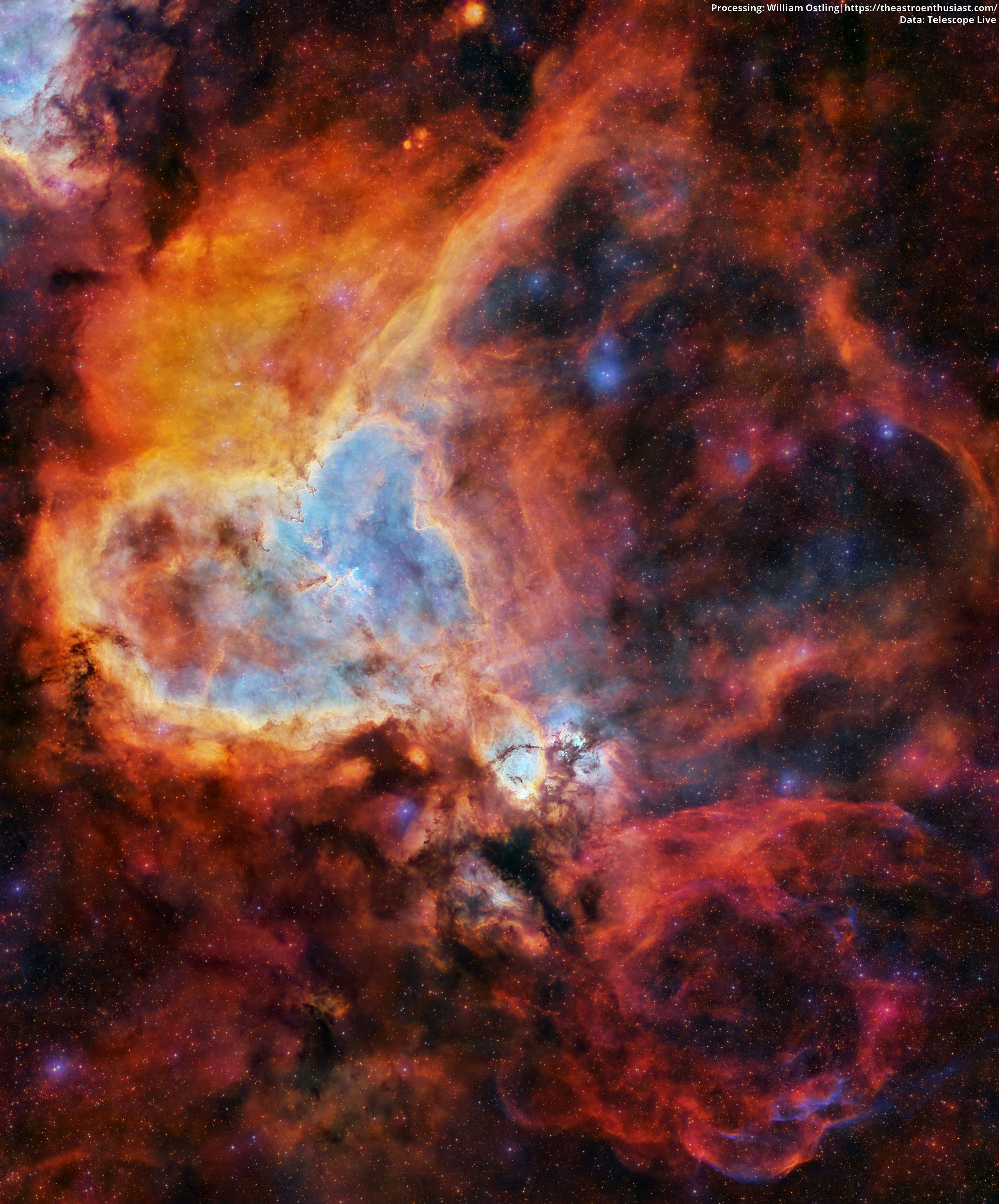 A starfield is shown filled with colorful gas glowing in different colors, and dark dust. Please see the explanation for more detailed information.