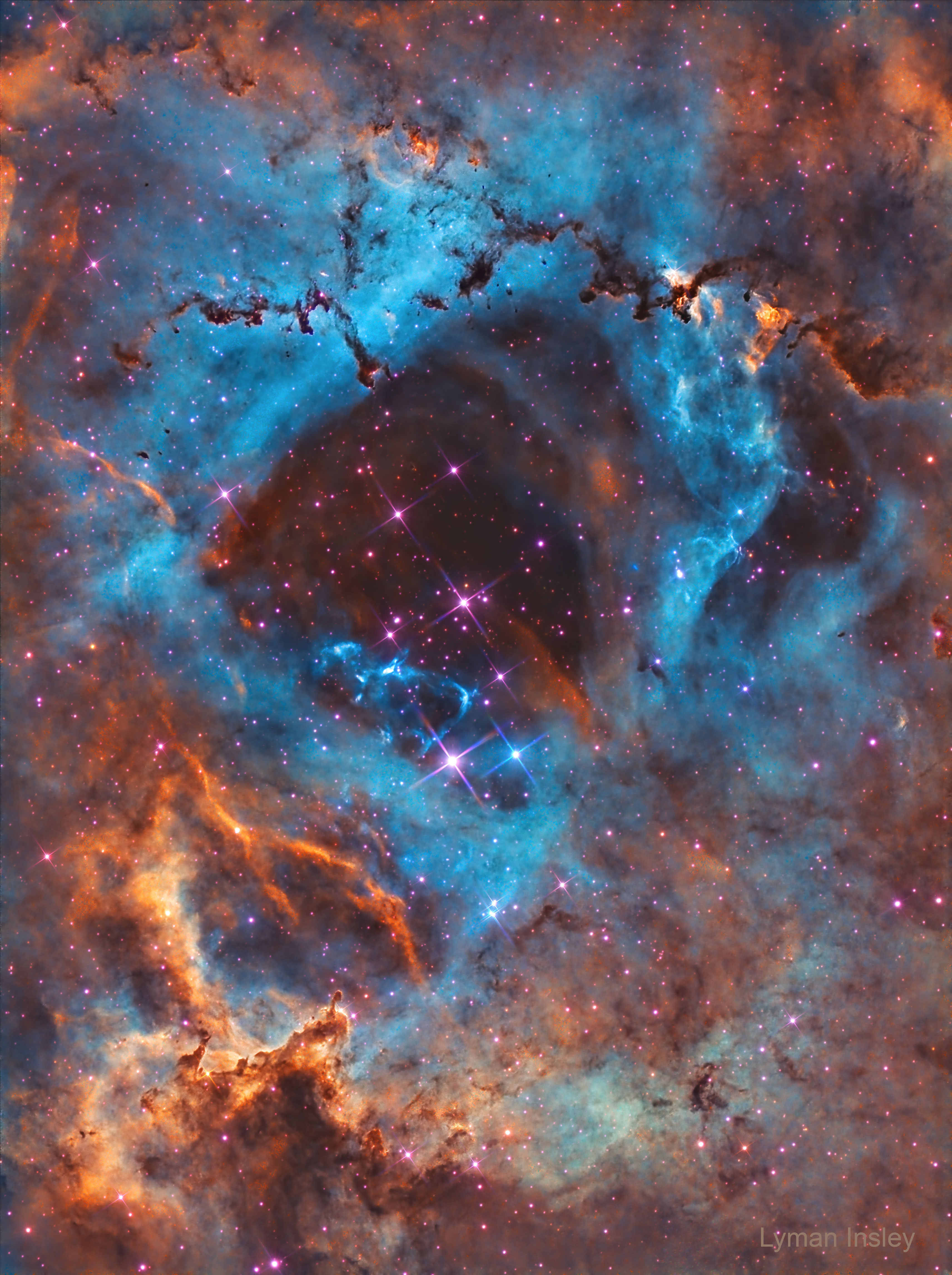 A cluster of stars is seen in the evacuated center of a nebula of gas and dust. Intricate dust pillars occur at both the top and bottom of the image. Please see the explanation for more detailed information.