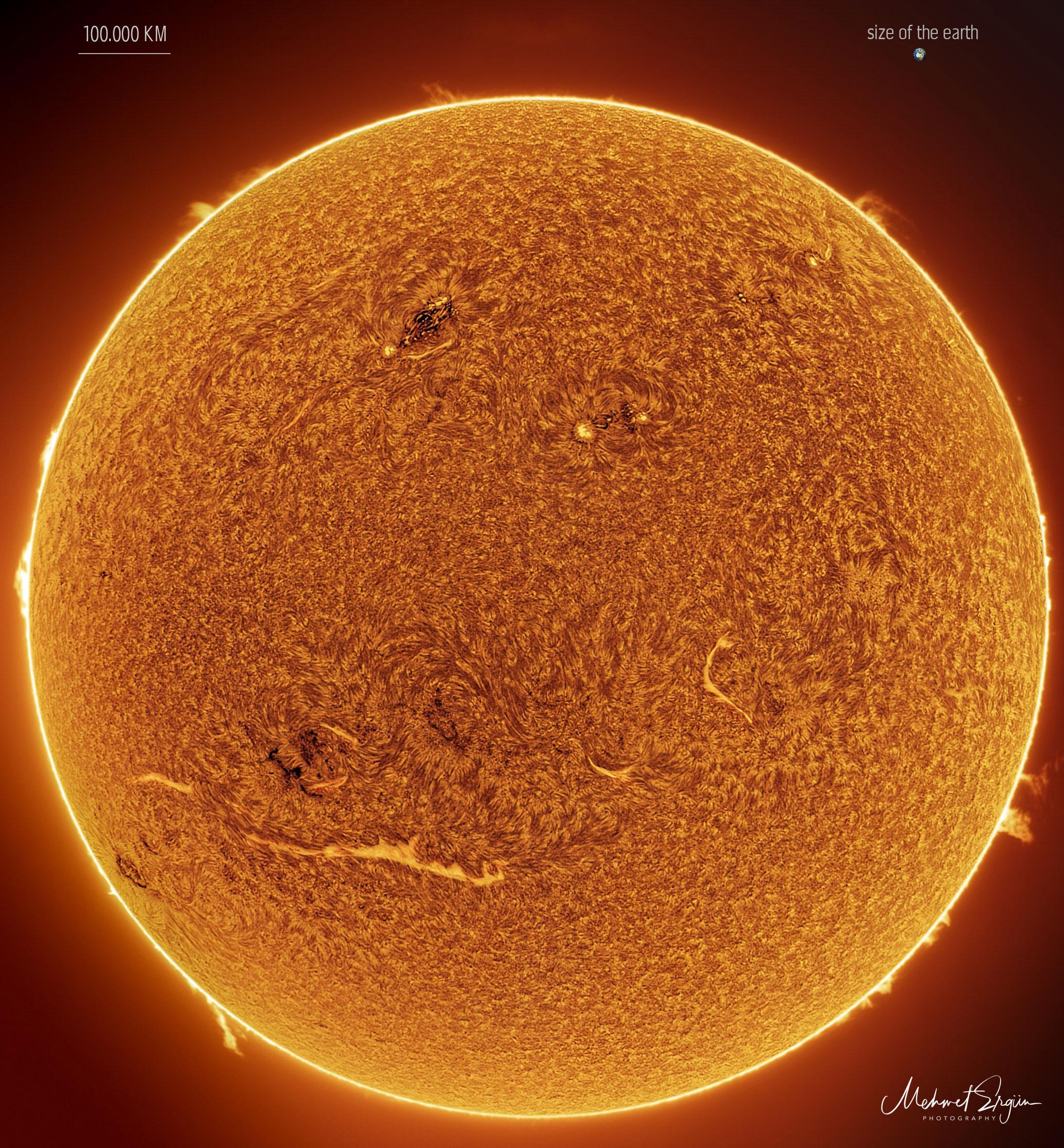 The Sun is pictured in a color that allows high detail. The large orange ball has several bright streaks and a carpet-like texture. Several prominences are visible around the edges. Please see the explanation for more detailed information.