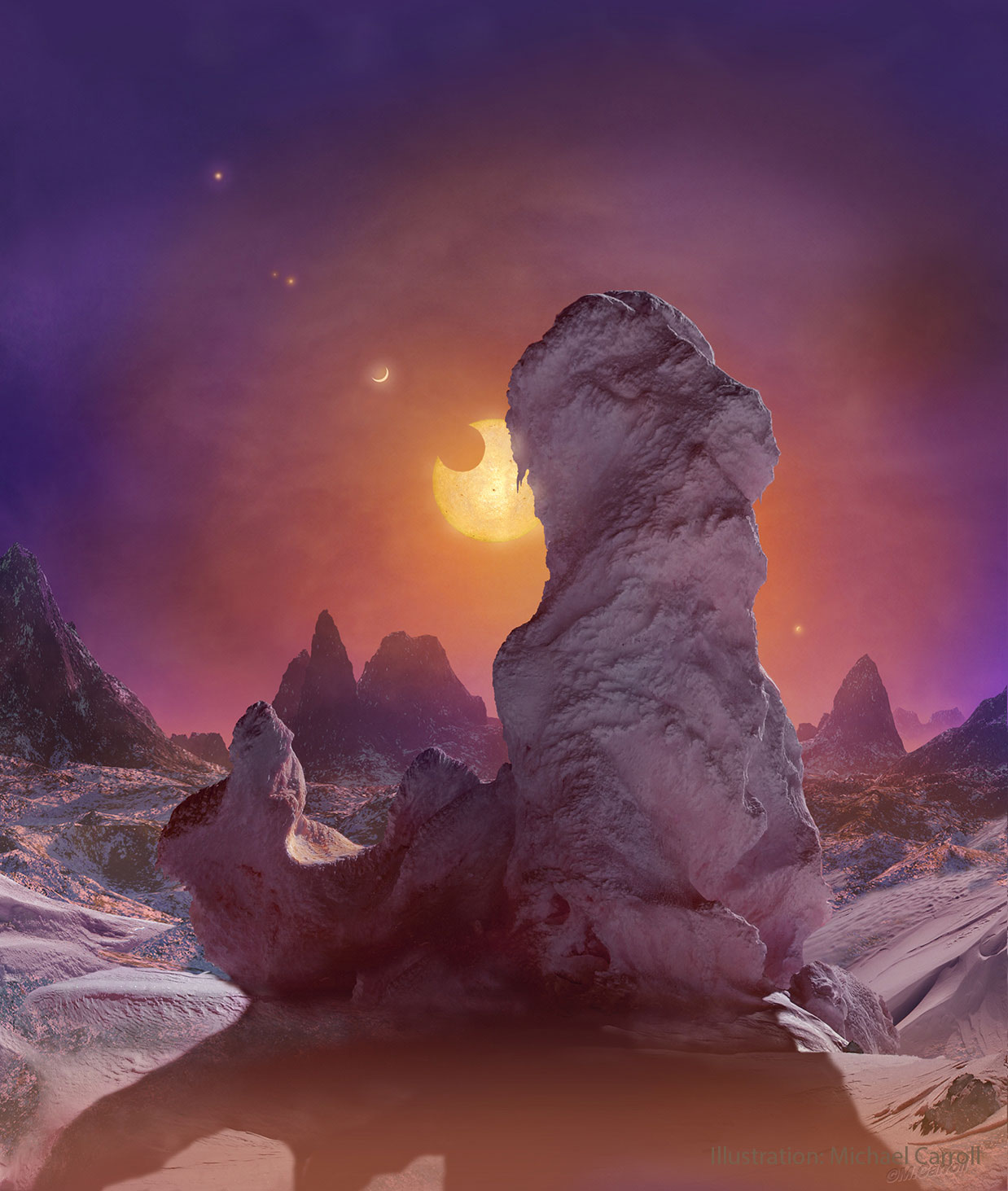An illustration showing what it might be like to look from the seventh planet out from the star Trappist 1. A pillar of ice and rock stands in a snow and ice covered landscape. A star surrounded by six planets hangs high in the sky. Please see the explanation for more detailed information.