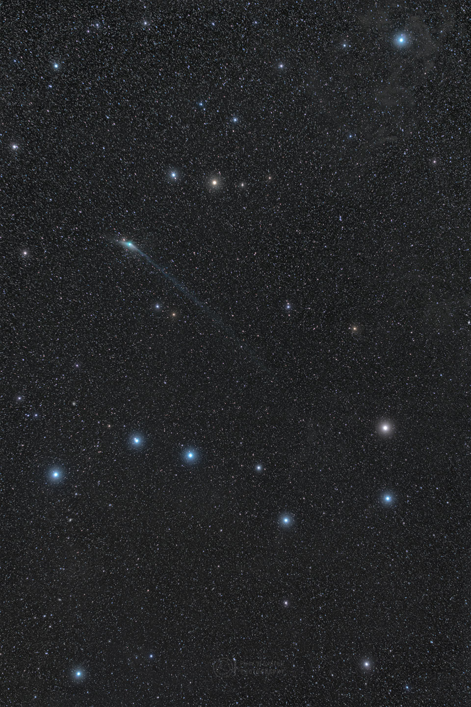 The featured image shows Comet ZTF with a long tail between two famous star asterisms: the Big Dipper and the Little Dipper. The image depicts the Little Dipper near the top of the image, and the Big Dipper near the bottom. Please see the explanation for more detailed information.