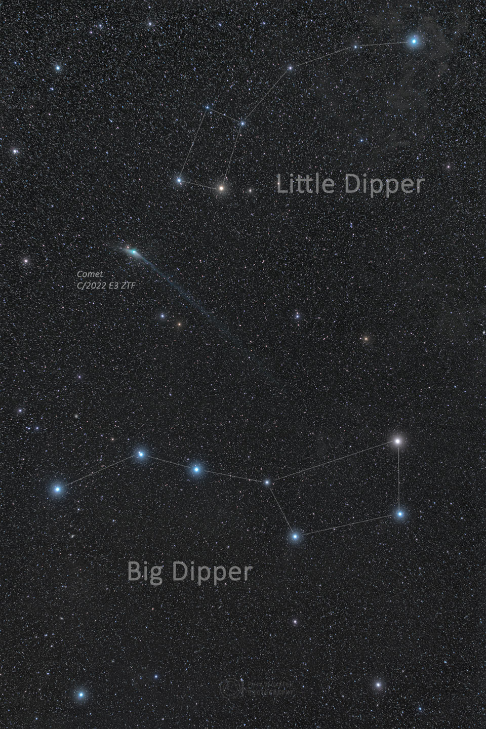 The featured image shows Comet ZTF with a long tail between two famous star asterisms: the Big Dipper and the Little Dipper. The image depicts the Little Dipper near the top of the image, and the Big Dipper near the bottom. Please see the explanation for more detailed information.