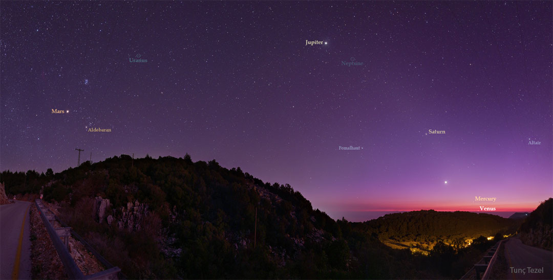 The featured image is a wide-angle image featuring a Turkish village in the foreground and a sky containing off of planets in our Solar System in the background. Please see the explanation for more detailed information.