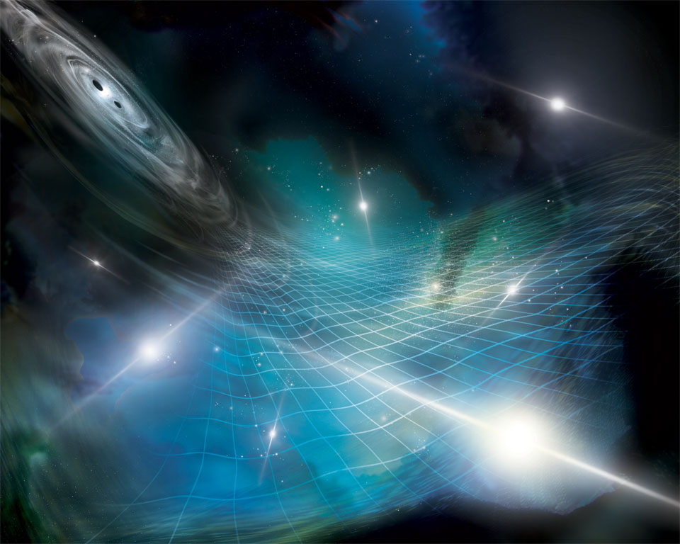 The illustration shows the beams from pulsars around the image and a pair of merging black holes on the upper left. A grid depicting the warping of spacetime by passing gravitational waves spreads across the image center. Please see the explanation for more detailed information.
