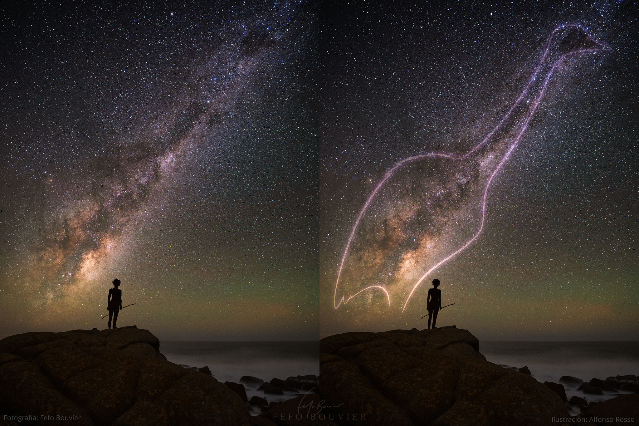 Two identical images are shown side by side. On each, a silhouette of a person holding a long stick is shown standing on a rock before the sea. Above the person, running diagonally, is the central band of our Milky Way Galaxy. On the right image, a type of bird called a Nandu is shown in outline. Please see the explanation for more detailed information.