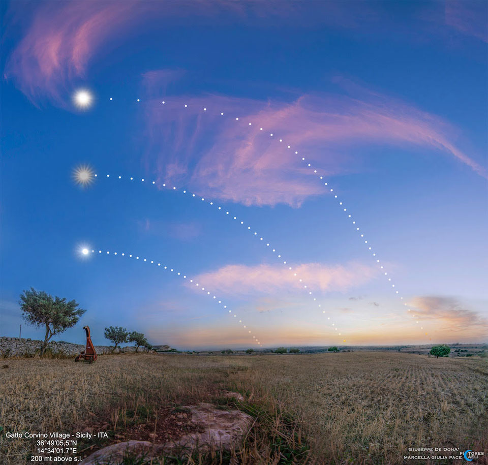 The Sun's path is shown while setting in multiple exposures over three separate days. The top path was taken during a summer solstice, the middle path during an equinox, and the lower path during a winter solstice. The foreground shows grass and some rocks and trees. Please see the explanation for more detailed information.