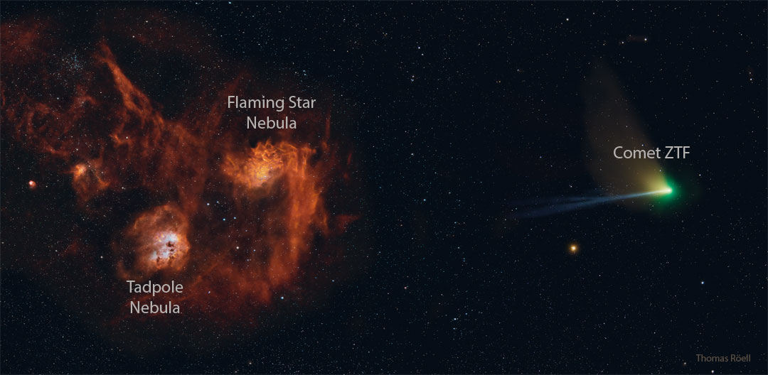 Pictured are two red nebulas on the far left and center, and a comet complete with a green coma and a long blue ion tail on the far right. Please see the explanation for more detailed information.