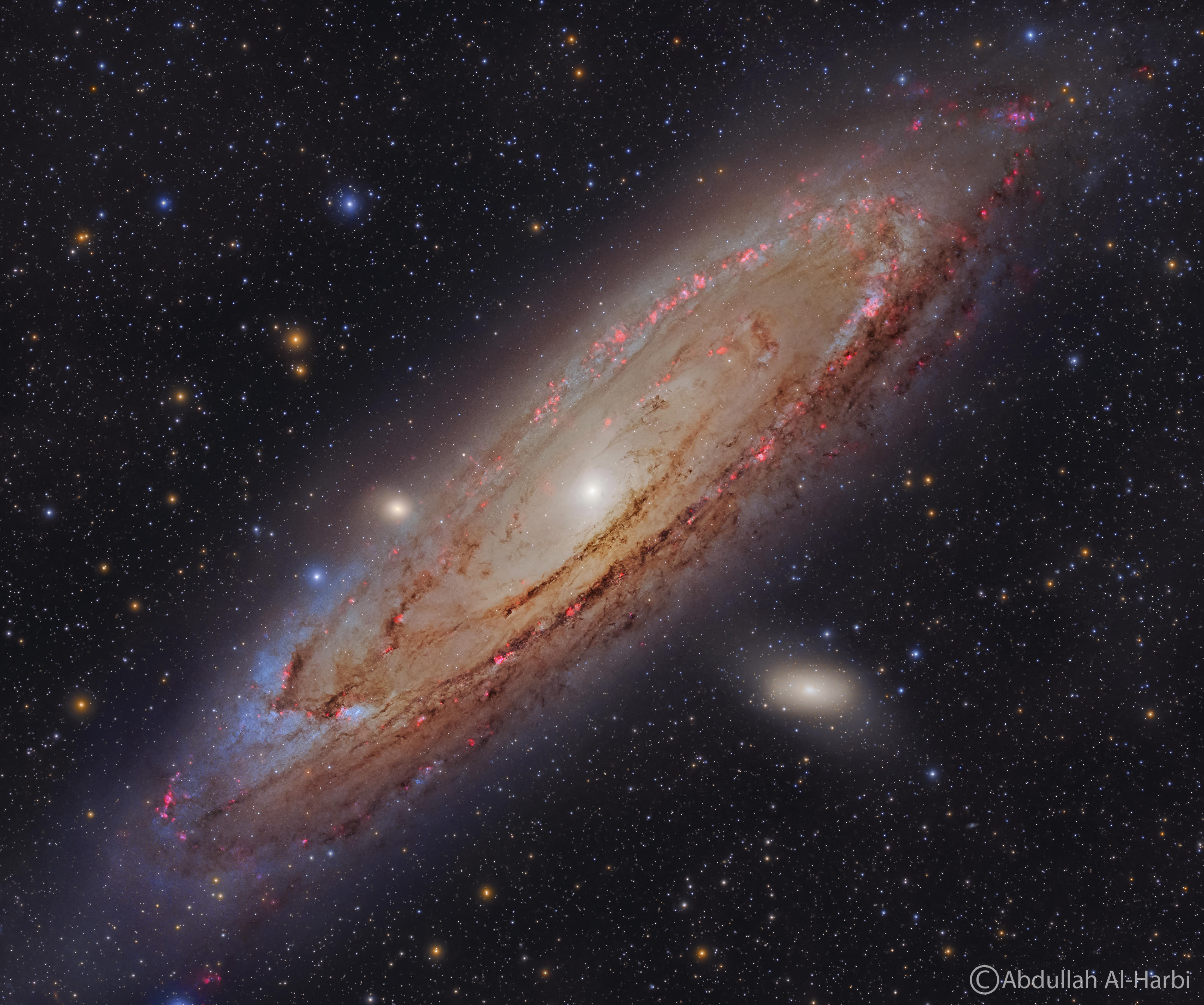 The Andromeda Galaxy is shown in great detail. Red nebulas, blue stars, and dark dust are all seen in a swirl around the galaxy's bright center. Please see the explanation for more detailed information.
