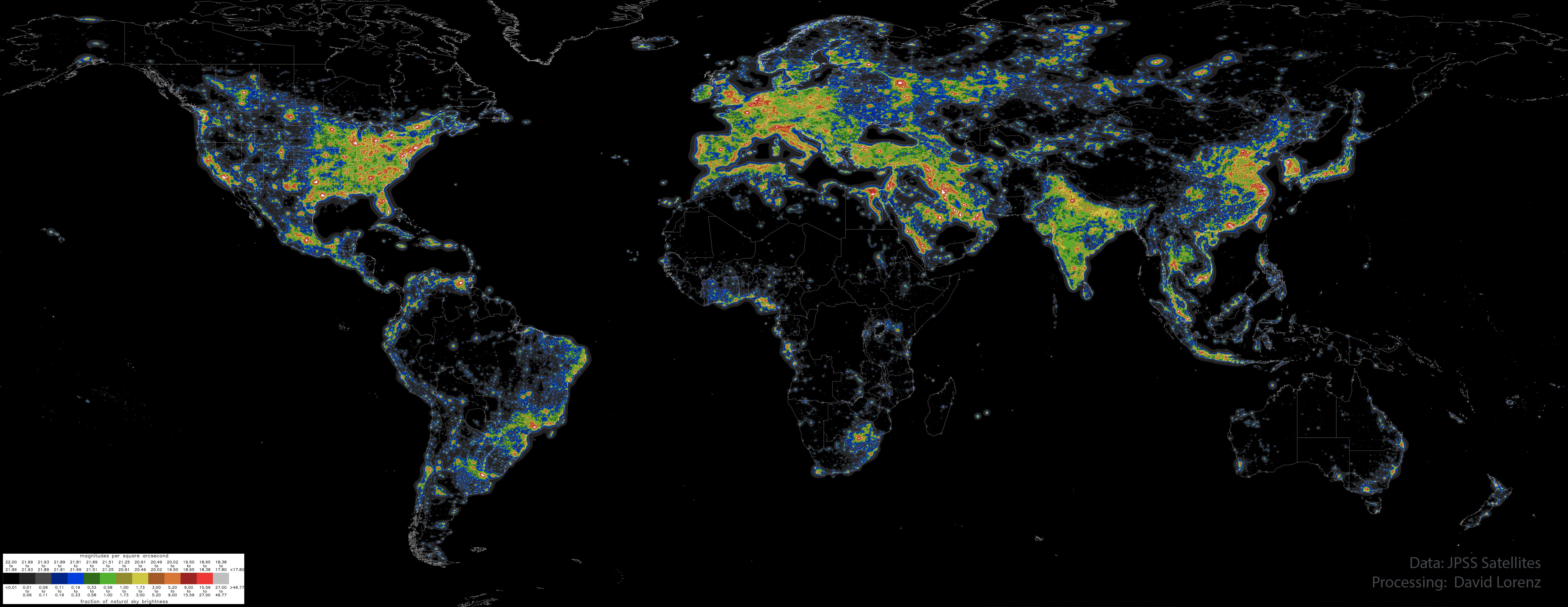 A flattened map of the Earth is shown illuminated only by how bright the night sky is. Please see the explanation for more detailed information.
