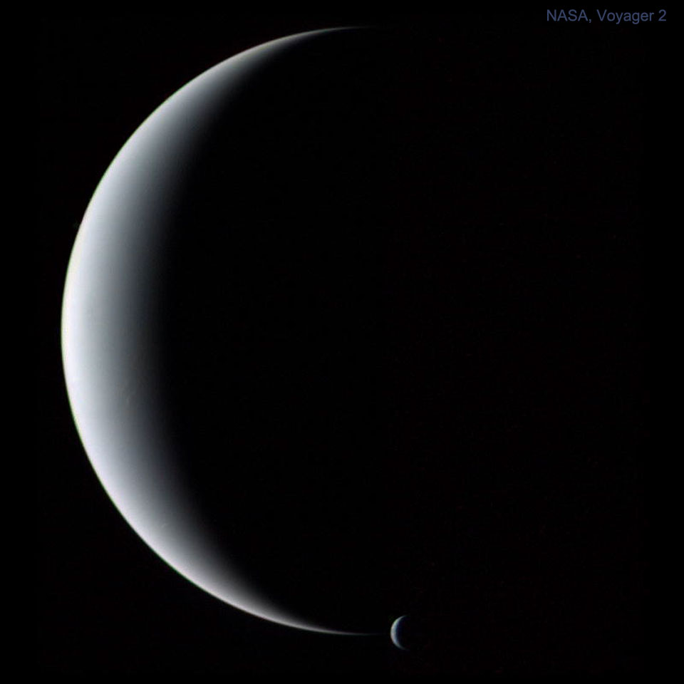 The picture shows the planet Neptune and its moon Triton, both in crescent phases, as captured by the passing Voyager 2 spacecraft in 1989. Please see the explanation for more detailed information.