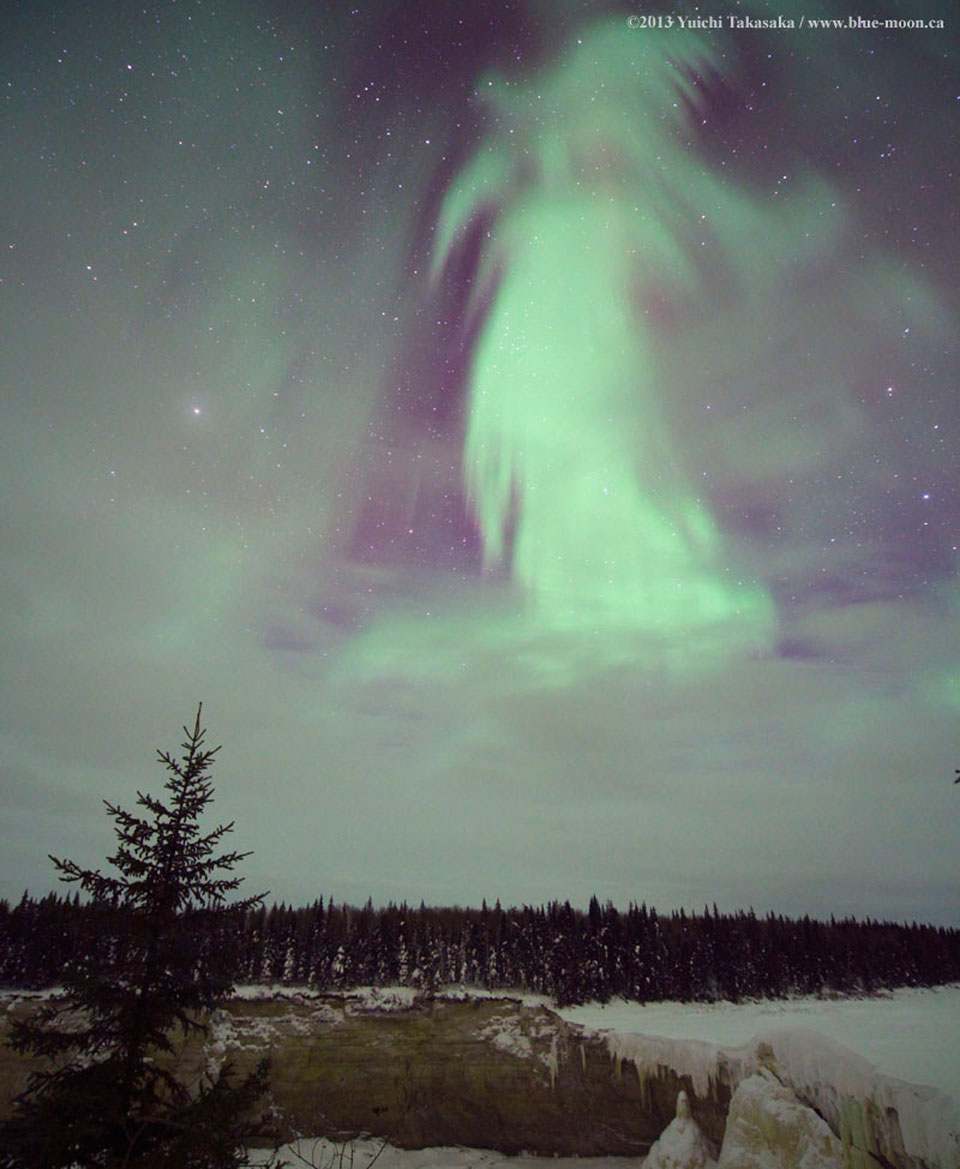 A landscape is pictured with snow and a line of evergreen trees. In the sky is a field of stars but also notable green aurora. The largest aurora appears similar in form to a Halloween ghost, Please see the explanation for more detailed information.