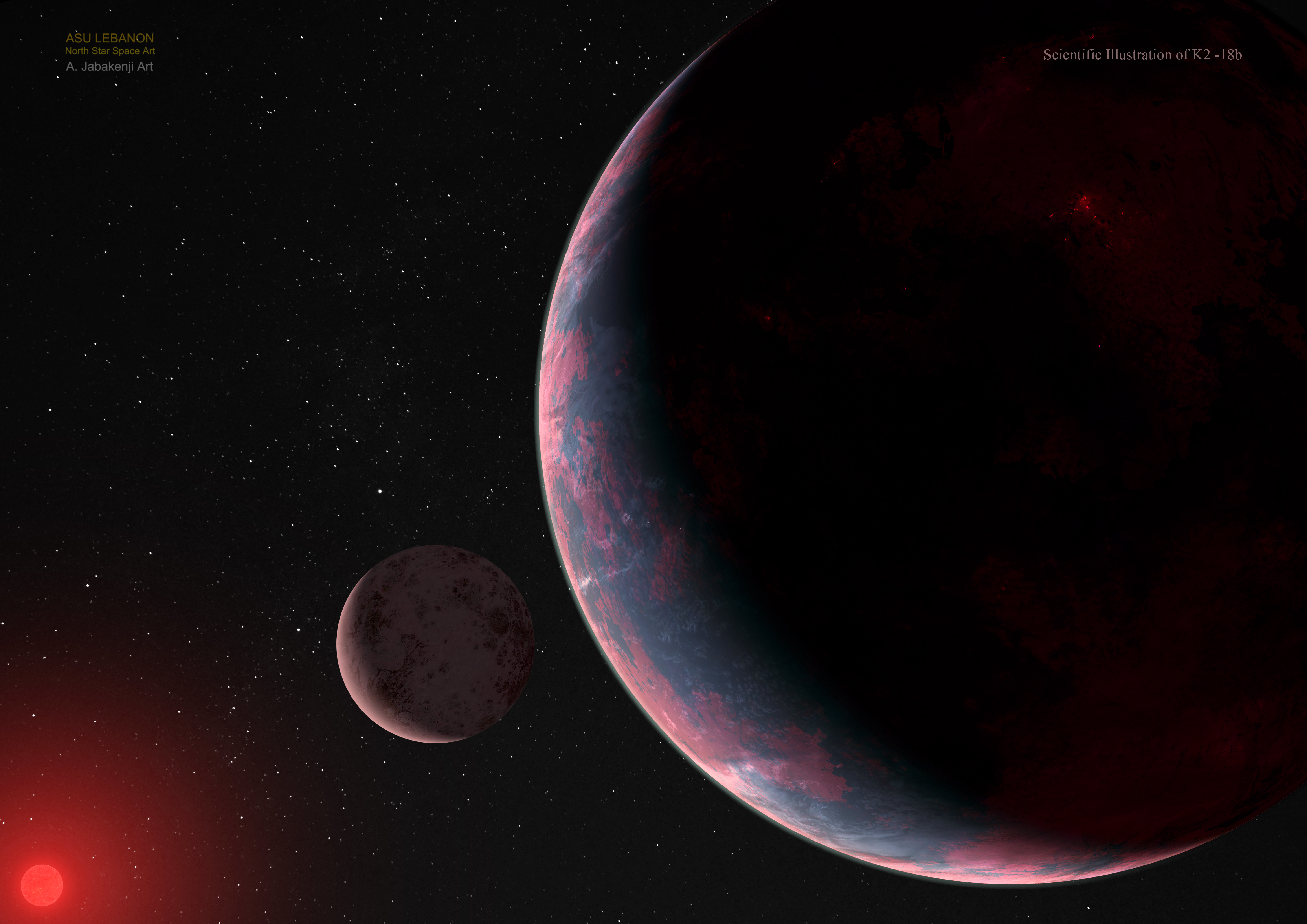 An artist's illustration pictures a cloudy red planet orbiting a distant red star. Near the exoplanet is a moon. Please see the explanation for more detailed information.