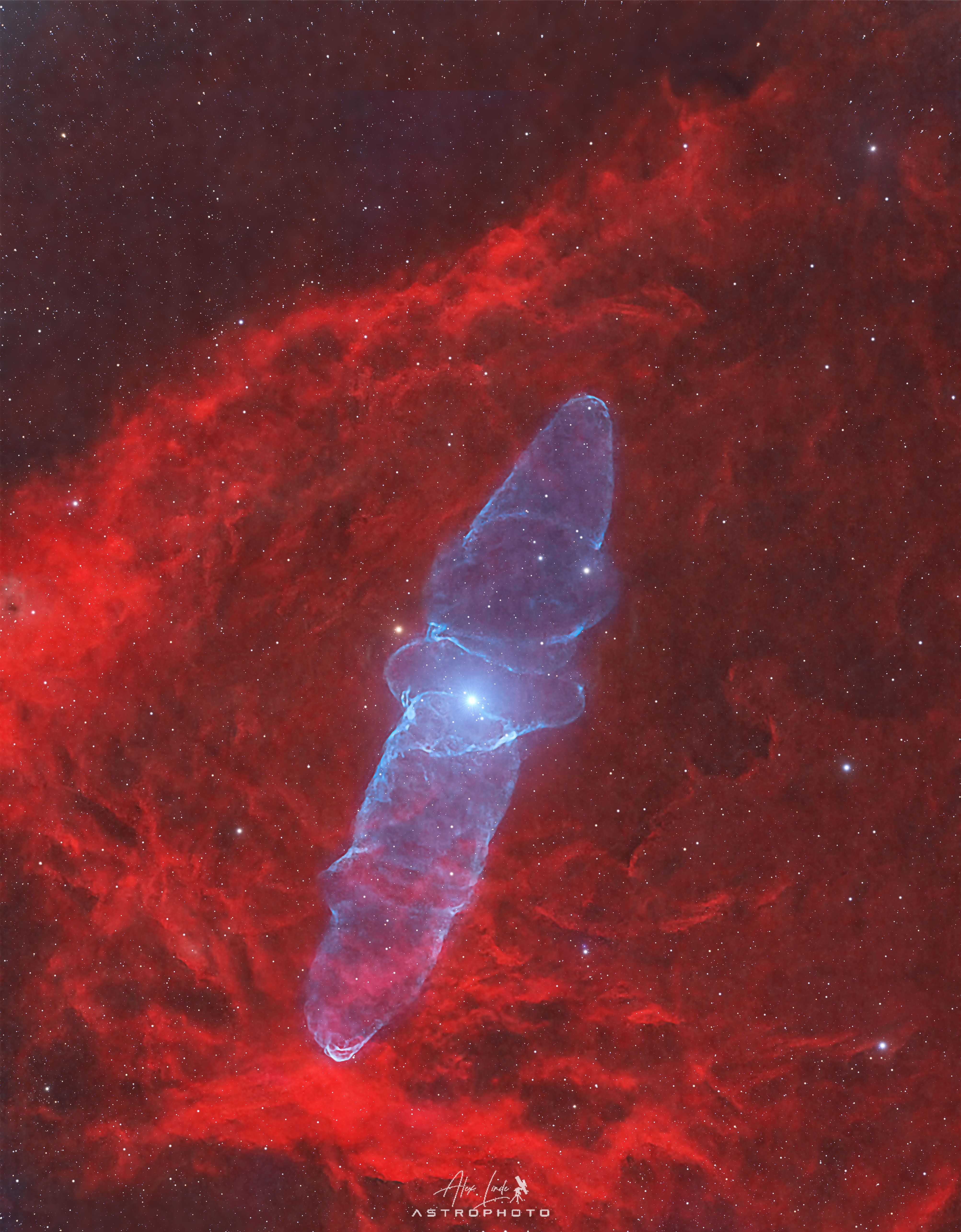 A starfield has a red nebula covering much of the frame but in the center, extending nearly vertically, is a blue nebula that appears shaped, to some, like a squid. Please see the explanation for more detailed information.