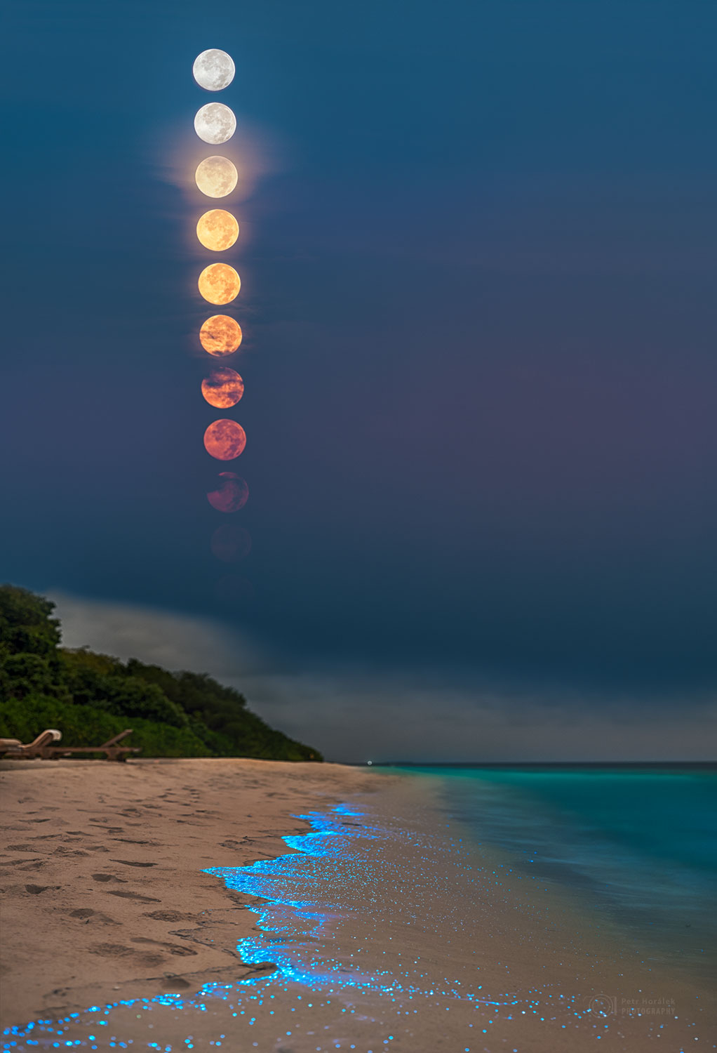 Several images of a full moon setting are superposed. The moon images are nearly white near the top, but turn orange and then are covered by low clouds near the horizon. Unusually, the setting moon images line up almost vertically. In the foreground is a beach with waves illuminated by blue-glowing plankton. Please see the explanation for more detailed information.