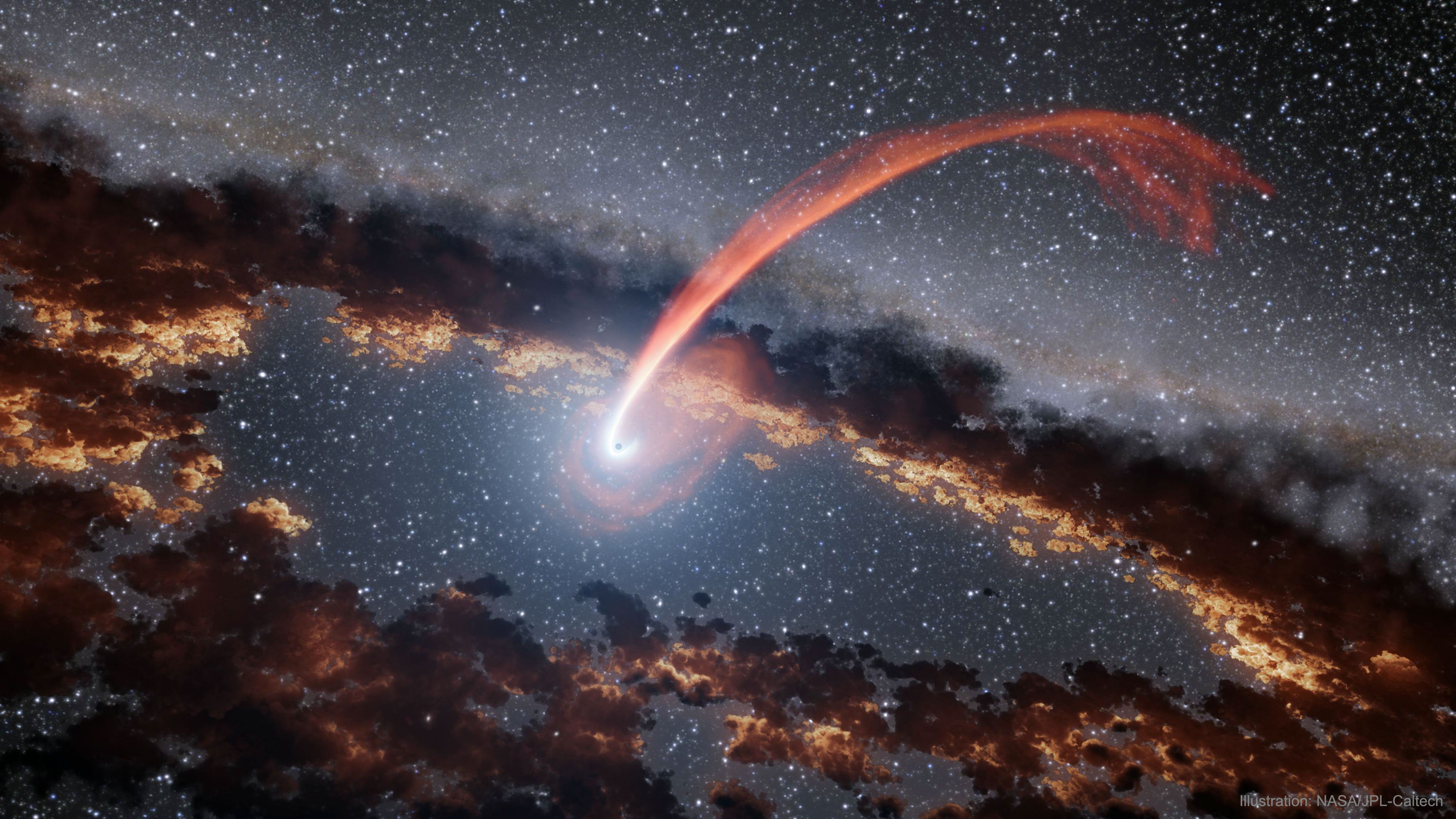An illustration shows a small black dot in the center which is a black hole. A red stream or gas arcs in from the top. The black hole is also surrounded by a dark and dusty disk. Please see the explanation for more detailed information.