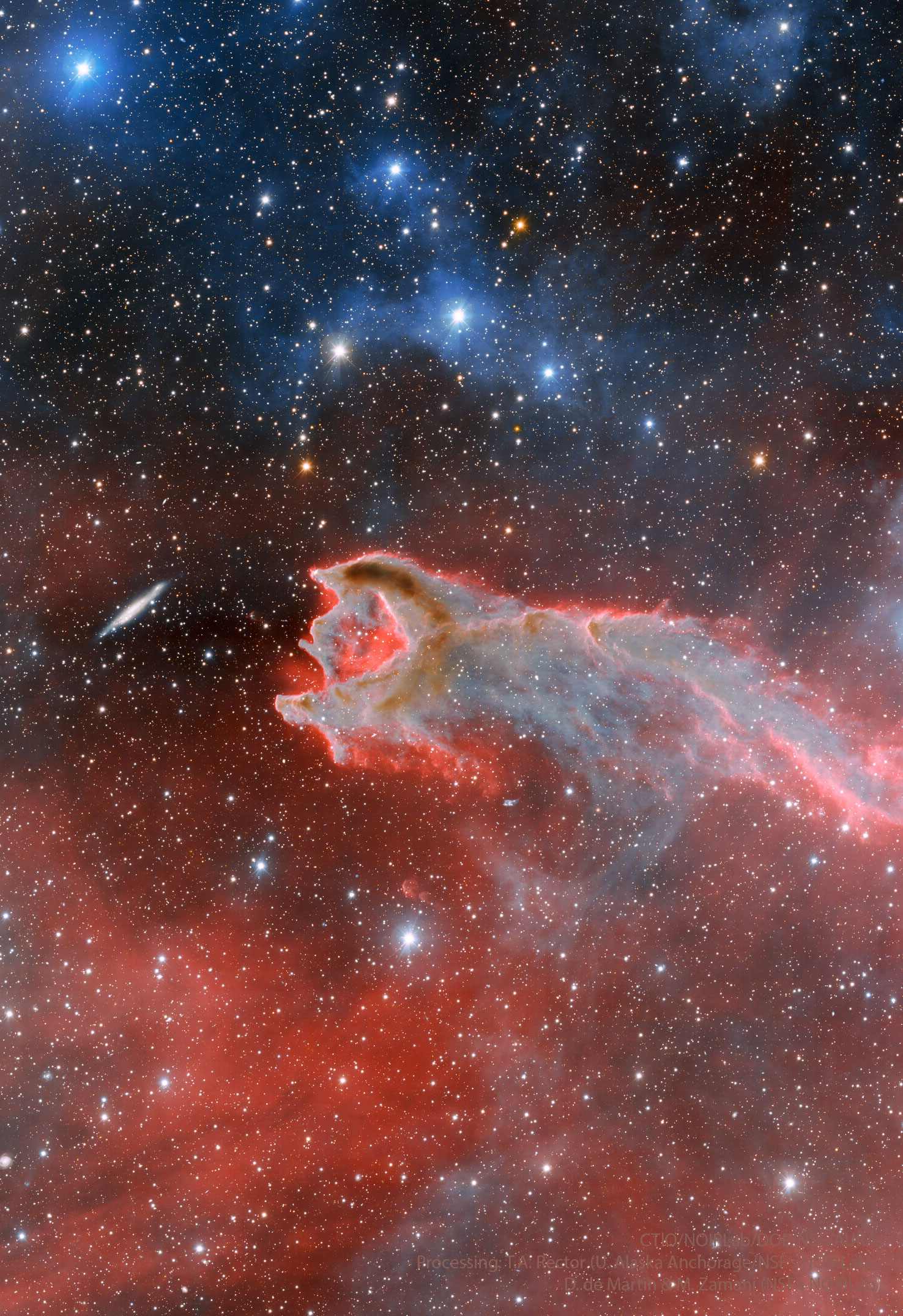 The featured image shows a distant galaxy on the left next to a gas cloud on the right. An opening in the gas cloud is on the same side as the galaxy. Please see the explanation for more detailed information.