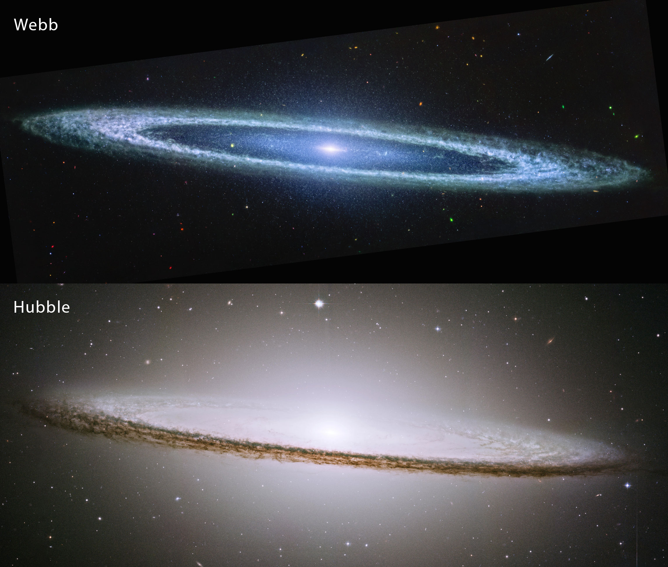 The top panel shows a flat ring with a bright center in blue, even though it was taken in near infrared light. The bottom panel shows the same galaxy in visible light and shows a brighter and more expansive center against which the flat ring appears dark. Please see the explanation for more detailed information.