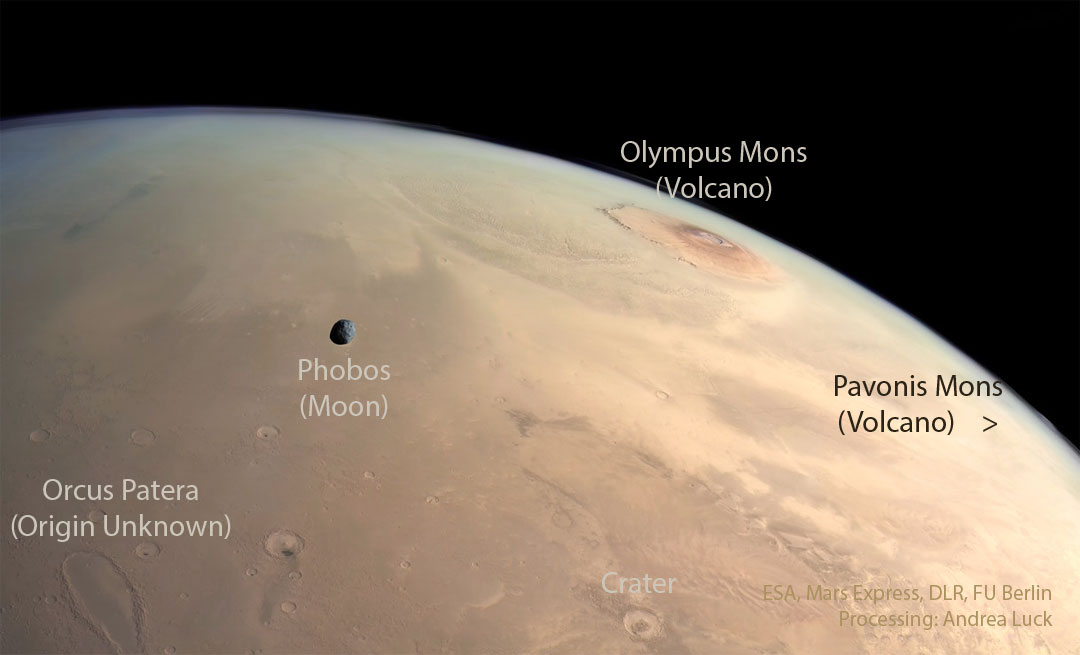 A panoramic view of the surface of Mars. Several landforms are visible including craters and volcanos. A small dark moon is superposed in front of part of the surface. Please see the explanation for more detailed information.