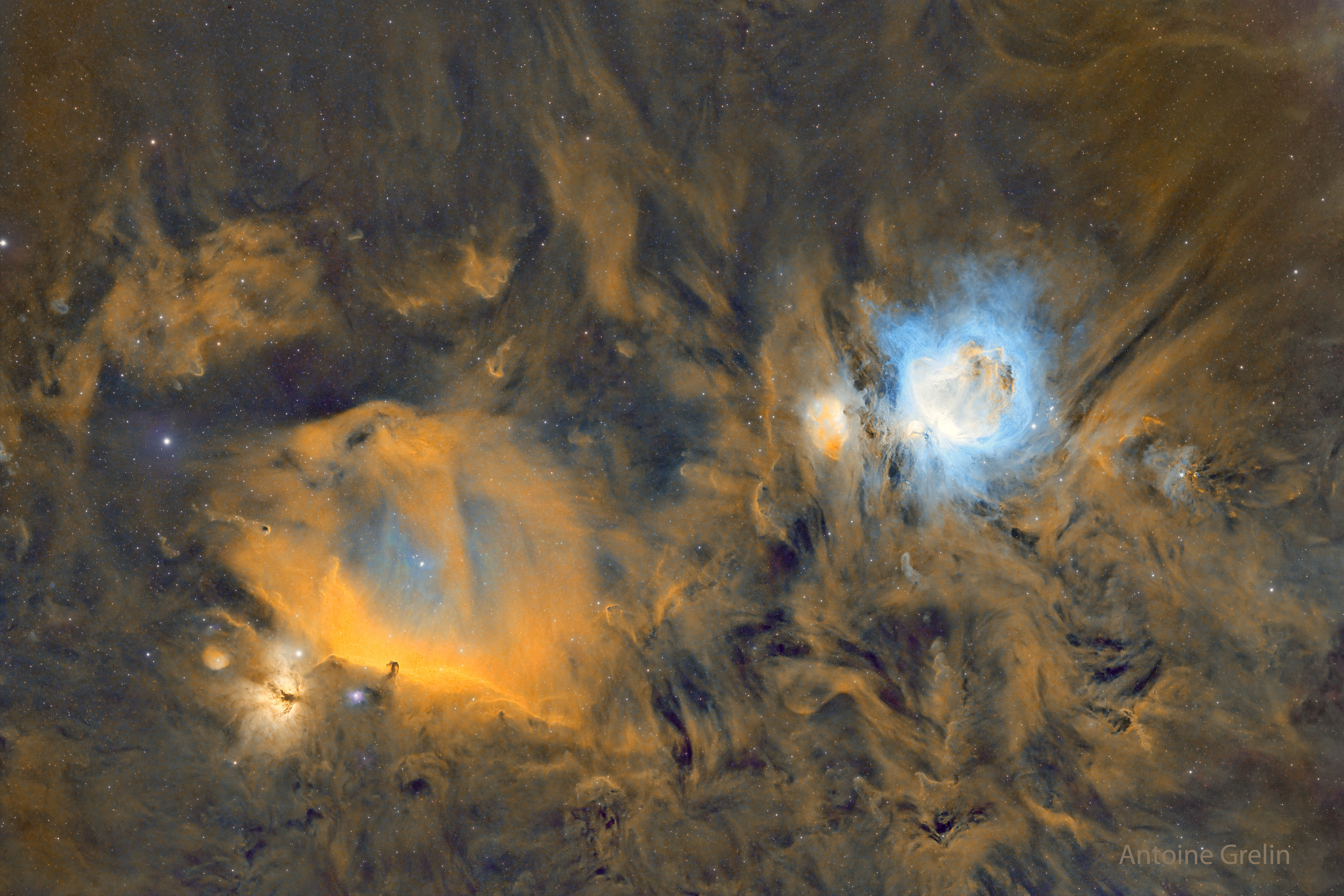 The featured image a starfield that glows gold. On the left is the dark horsehead nebula, while on the right is the blue-glowing Orion Nebula. Please see the explanation for more detailed information.