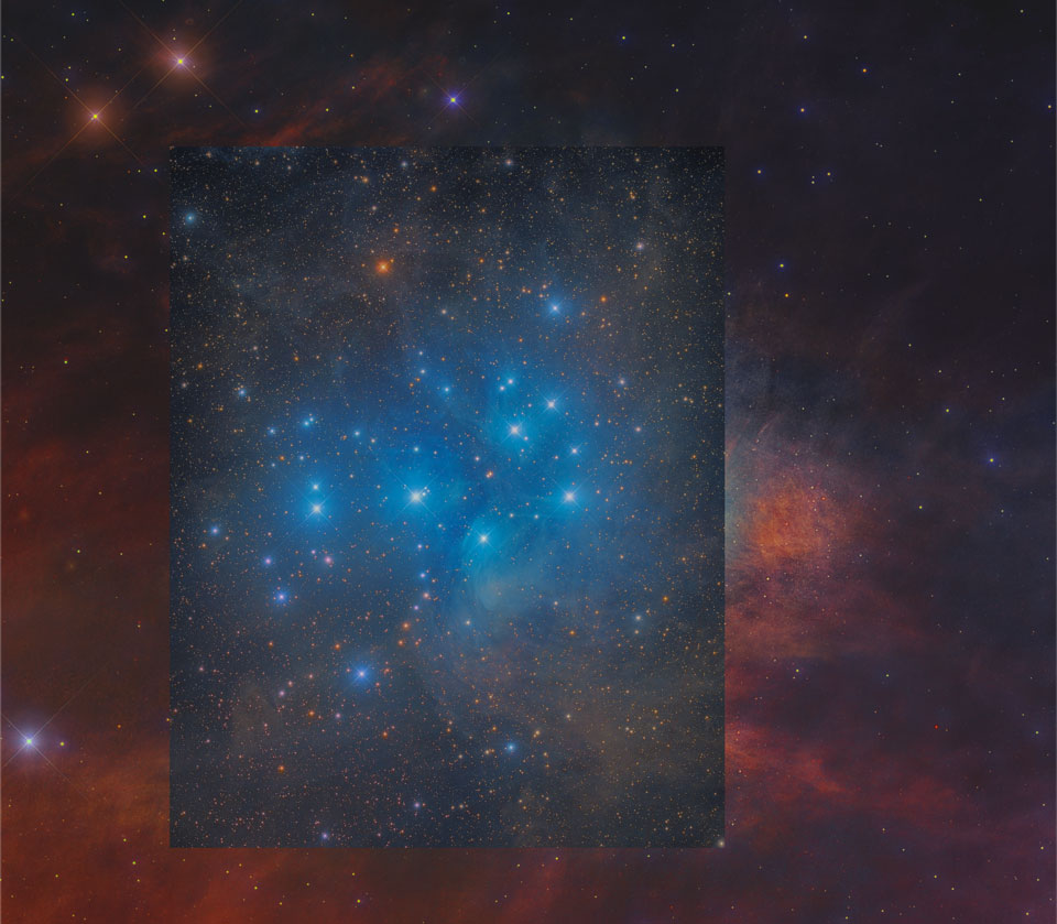 A famous Pleiades star cluster is shown but showing numerous parallel and curved filaments in different colors. The image is in several colors of infrared light. A rollover image shows the cluster in visible light with its familiar blue light. Please see the explanation for more detailed information.