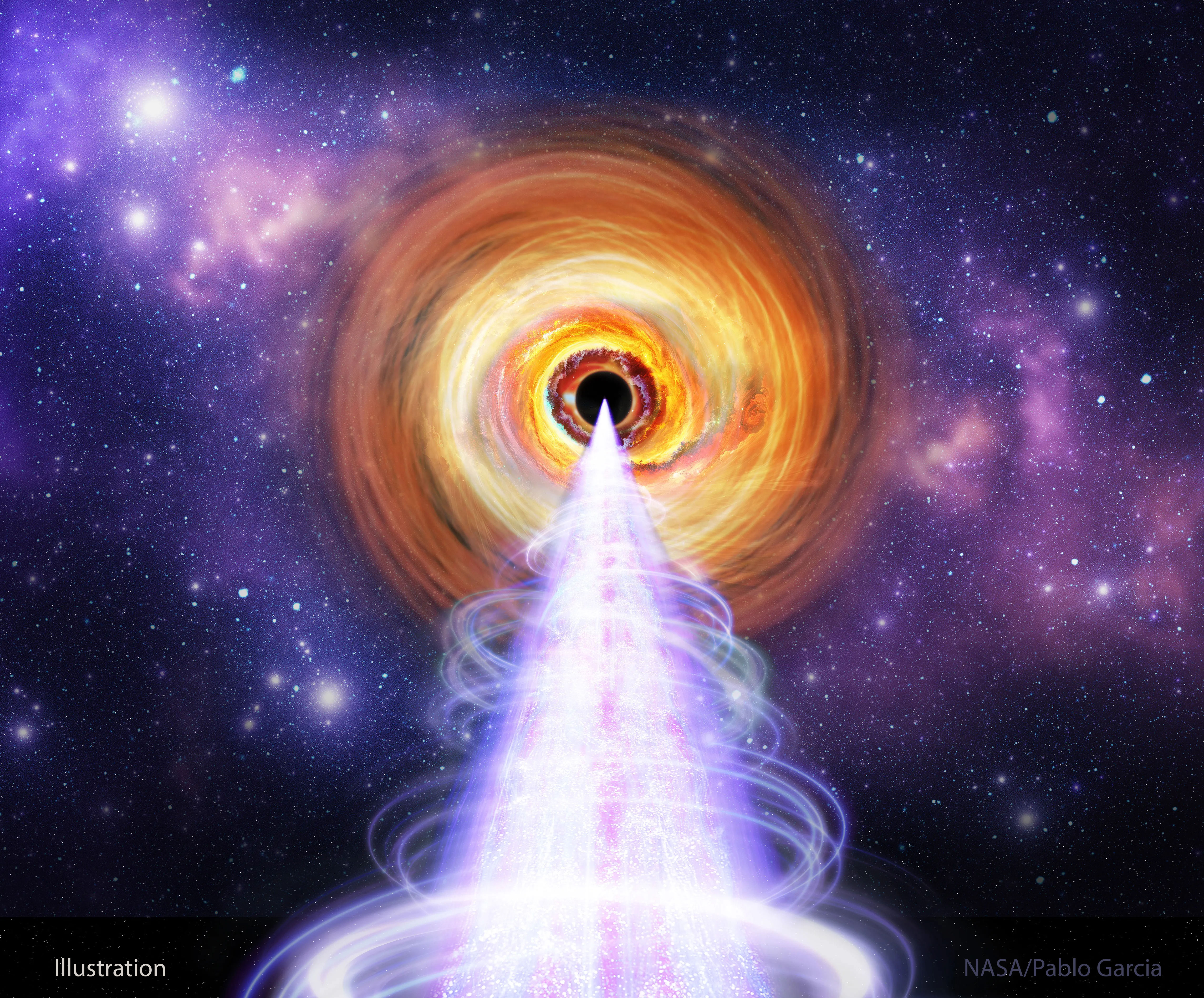 An artist's illustration of what the surroundings of the supermassive black hole at the center of BL Lac is shown. A white jet protrudes horizontally toward the bottom of the image, emanating from a orange accretion disk surrounding a black hole. Please see the explanation for more detailed information.