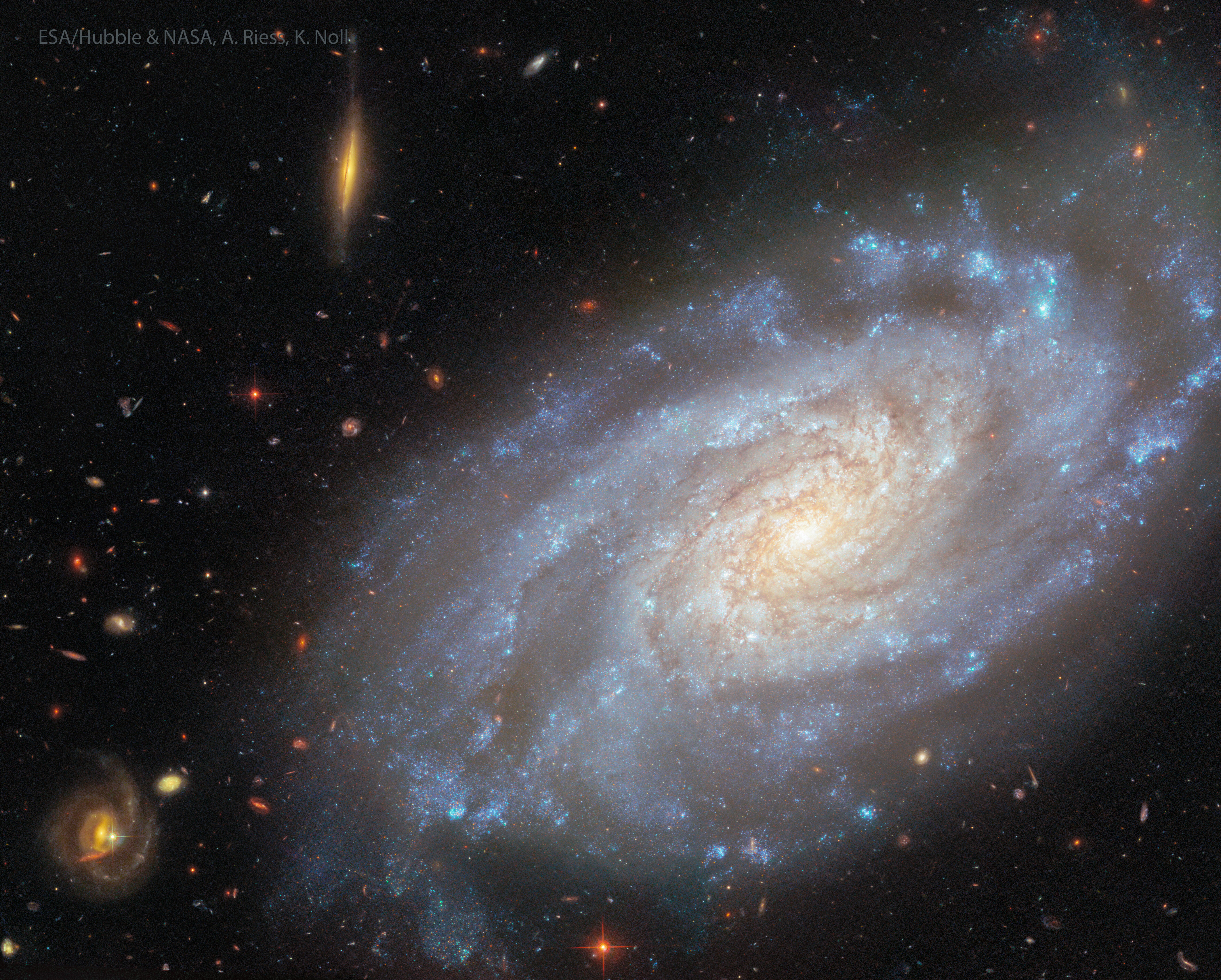 A spiral galaxy covers the right part of the image. Brown dust and blue stars trace the spiral arms. On the left part of the image are several more red galaxies far in the distance. Please see the explanation for more detailed information.