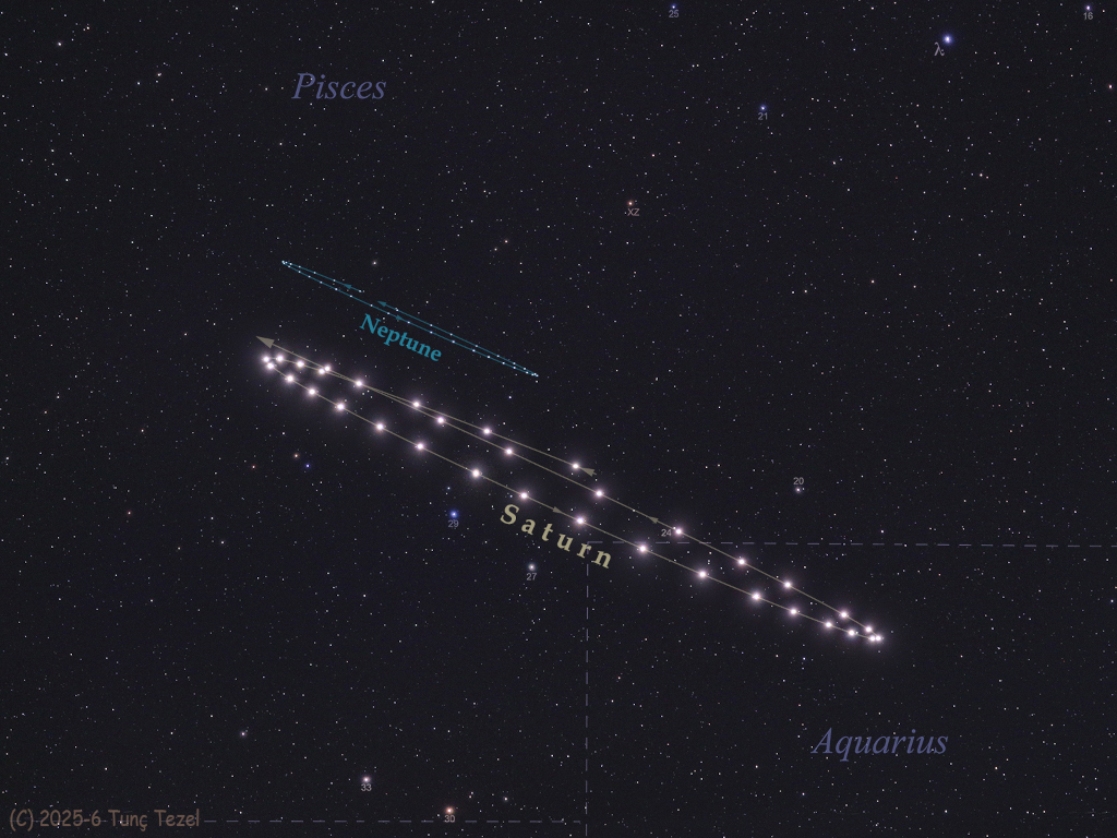 The image shows two parellel rings of bright dots in the night sky. This is a composite image of the positions Saturn and Neptune traced in the sky from May 2025 to January 2026. The brighter ring in the foreground is Saturn, while the dimmer ring in the background is Neptune. Please see the explanation for more detailed information.