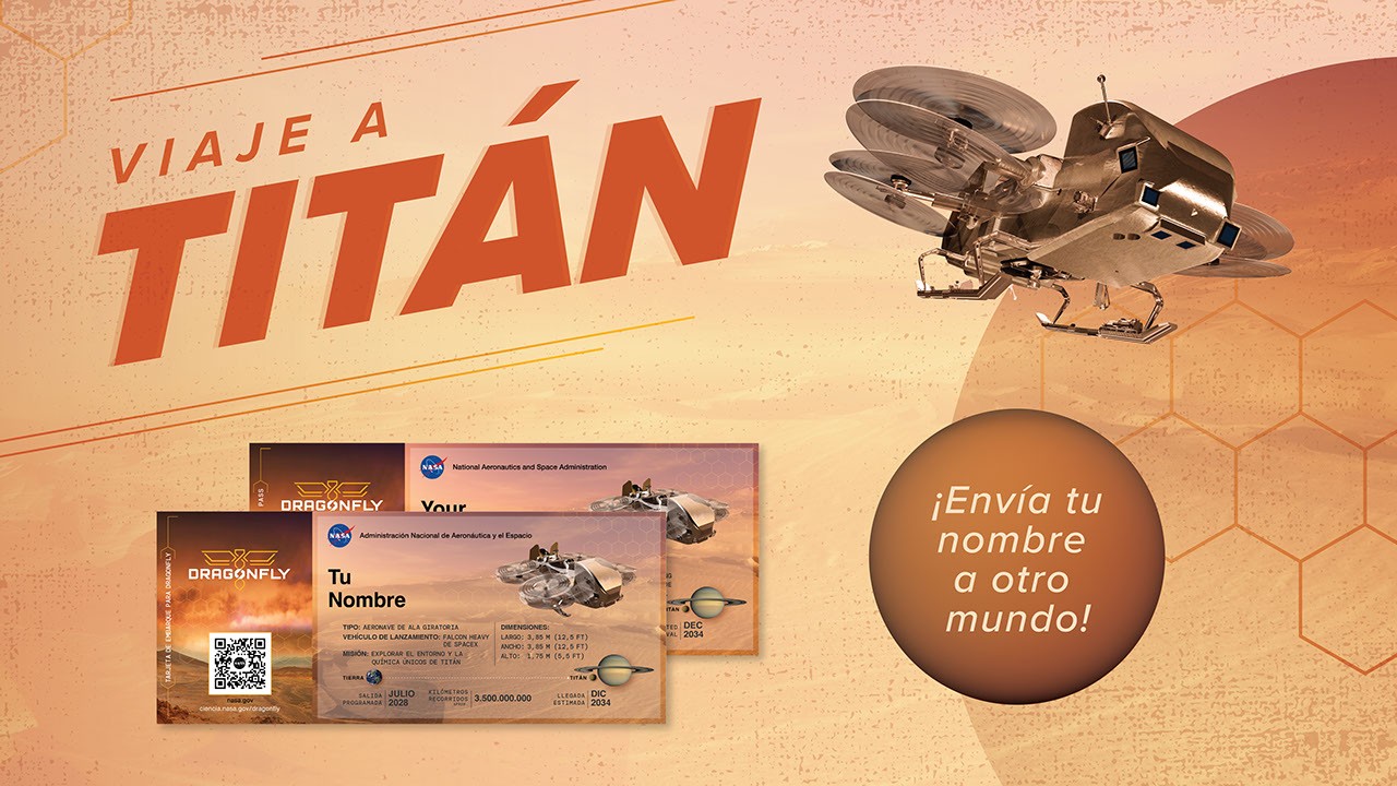 Invitación con una ilustración de Dragonfly, la aeronave de ala giratoria que explorará Titán, una de las lunas de Saturno.