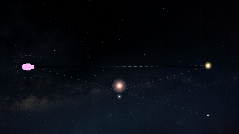Animación que ilustra el efecto microlente para observar exoplanetas.