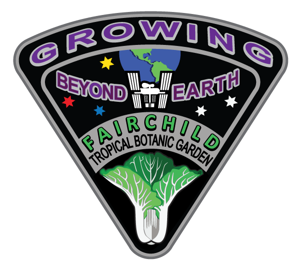 An illustrated logo that reads Growing Beyond Earth; Fairchild Tropical Botanic Garden. The ISS is in orbit around the earth and a green cabbage-like plant sits below the ISS.