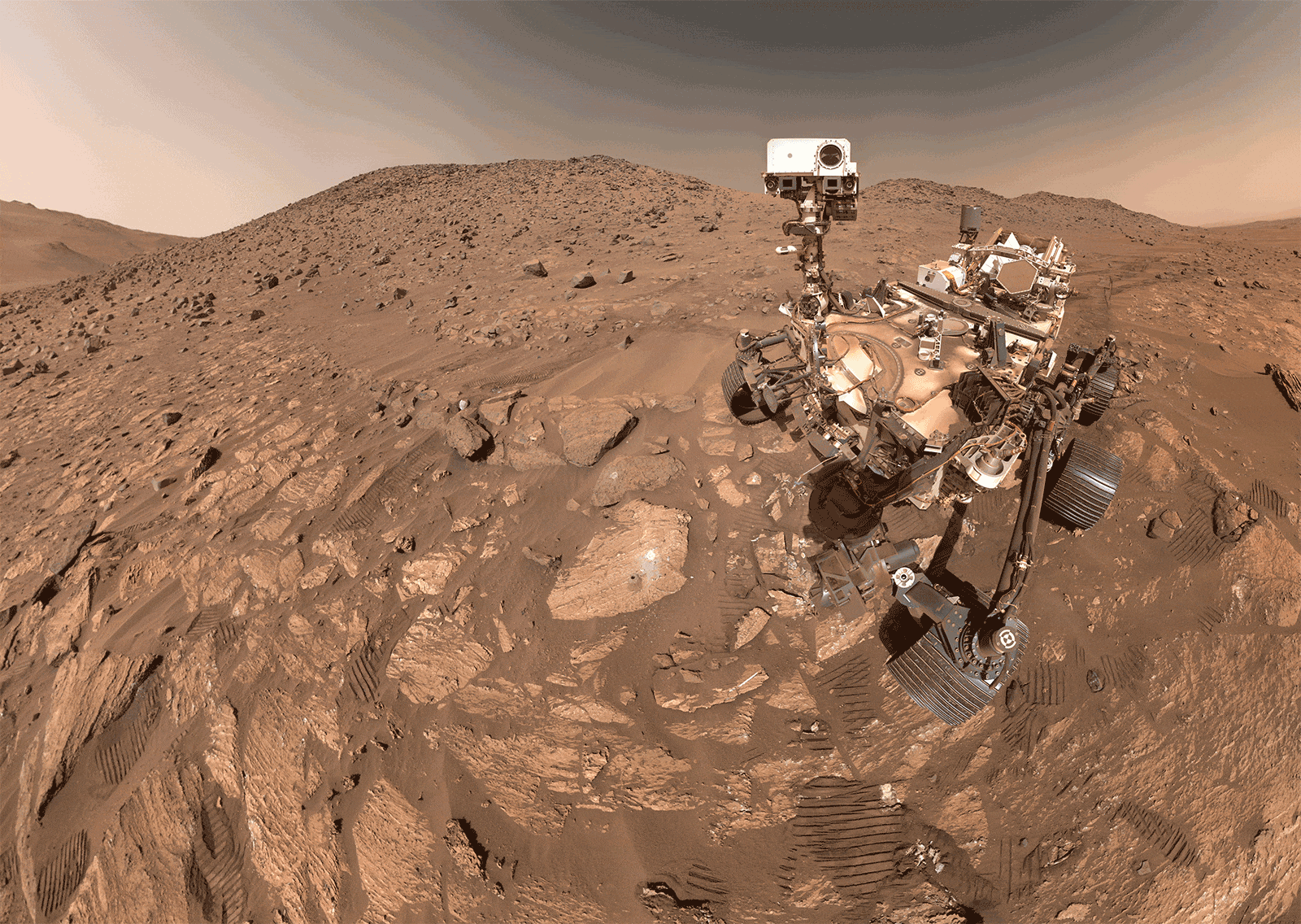 NASA's Perseverance Mars rover took this selfie, made up of 62 individual images, on July 23. A rock nicknamed �Cheyava Falls,� which has features that may bear on the question of whether the Red Planet was long ago home to microscopic life, is to the left of the rover near the center of the image.
