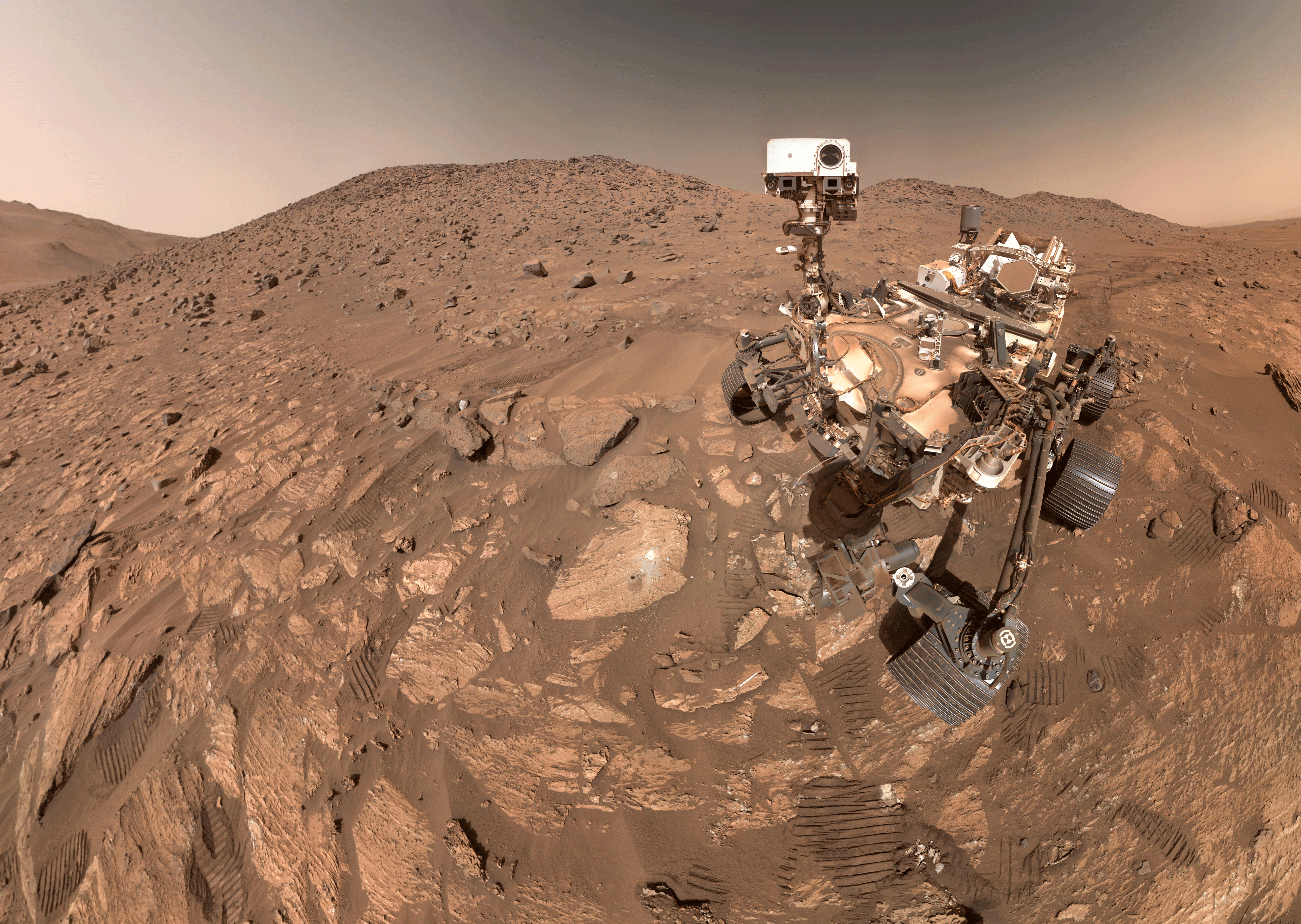 NASA�s Perseverance Mars rover took this selfie, made up of 62 individual images, on July 23. A rock nicknamed �Cheyava Falls,� which has features that may bear on the question of whether the Red Planet was long ago home to microscopic life, is to the left of the rover near the center of the image.