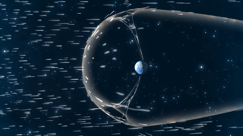 Gráfico animado que muestra el viento solar soplando contra la burbuja magnética gigante que rodea la Tierra.