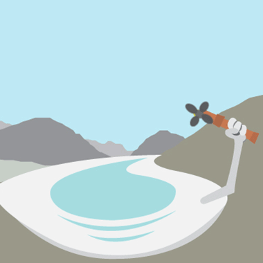 Animation of a glacier holding a handheld fan with a cartoony arm.