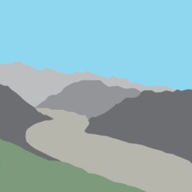 Animation of a glacier flowing like a river through a canyon.