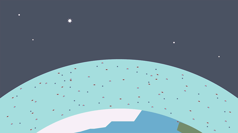 This animation shows a satellite orbiting in space as it passes over Earth, making measurements of greenhouse gases and changing temperatures. At the bottom is the curving horizon of planet Earth. Above that is Earth’s atmosphere, shown as a thick, light blue layer that follows the curve of the planet. Within the atmosphere are many small shapes that represent greenhouse gas molecules. Wavy red arrows pointing up and down appear in the atmosphere to indicate how heat is trapped there. As the satellite flies past in space from left to right, a thermometer appears at right. The level of the red temperature indicator in the thermometer rises as the animation plays.
