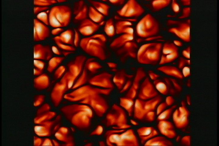 An animation of . convection on the surface of the Sun, where brighter colors trace rising hot regions and darker colors trace sinking cool regions (gas motion).