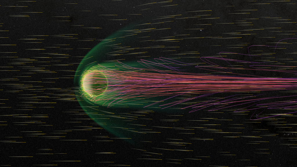 This data visualization shows Mars' magnetosphere for exactly 1 hour before the storm begins. The data driving this visualization is 6 times more frequent, at 5 data simulation minutes per animation second, so the visualization appears to be moving in slow motion. This makes it easier to analyze certain dynamics in Mars' magnetosphere. The viewpoint is side-on and does not change.