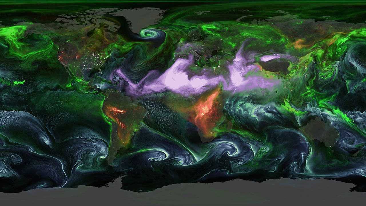 assorted color swirling patterns over a dark grayscale map of Earth