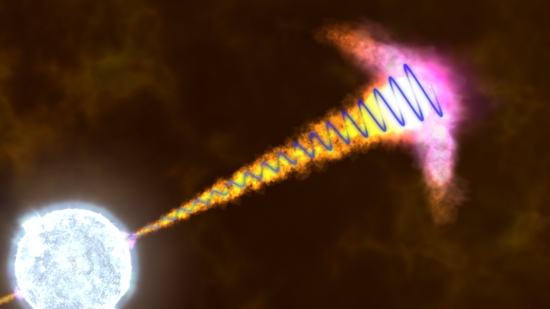 Theoretical models link the presence of strong and stable polarized light in a gamma-ray burst’s jet with a large-scale magnetic field (a blue spiral, in this illustration) originating from the newly-formed black hole. Credit: NASA's Goddard Space Flight Center/S. Wiessinger