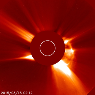 The Joint ESA/NASA Solar and Heliospheric Observatory, or SOHO, captured this image of a coronal mass ejection, or CME, at 10:12 pm EDT on March 14, 2015.