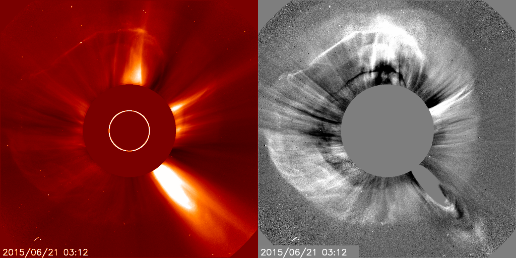 Two images of a coronal mass ejection appear side by side. The left image, colorized in red, shows bright white streamers stretching away from a red disk with a white circle on it. The right image, in grayscale, shows a halo-like cloud around a blank gray disk in the center. At the bottom of each image is a date and time stamp that reads 2015/06/21 03:12.