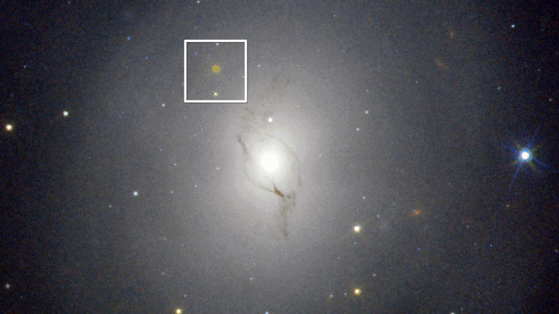The kilonova associated with GW170817 (box) was observed by NASA's Hubble Space Telescope and Chandra X-ray Observatory. Hubble detected optical and infrared light from the hot expanding debris. The merging neutron stars produced gravitational waves and launched jets that produced a gamma-ray burst. Nine days later, Chandra detected the X-ray afterglow emitted by the jet directed toward Earth after it had spread into our line of sight. Credit: NASA/CXC/E. Troja
