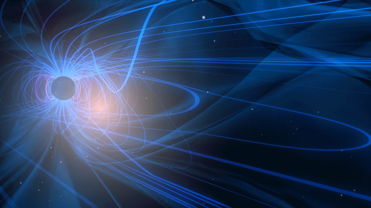 Animated visualization of magnetic reconnection in Earth's magnetosphere. Earth's magnetic field lines, shown in blue, interact with incoming solar wind magnetic field lines, shown in red or orange. As the opposing field lines meet on the dayside and nightside of Earth, they break and reconnect, releasing energy and redirecting charged particles along the newly formed magnetic paths toward the poles.